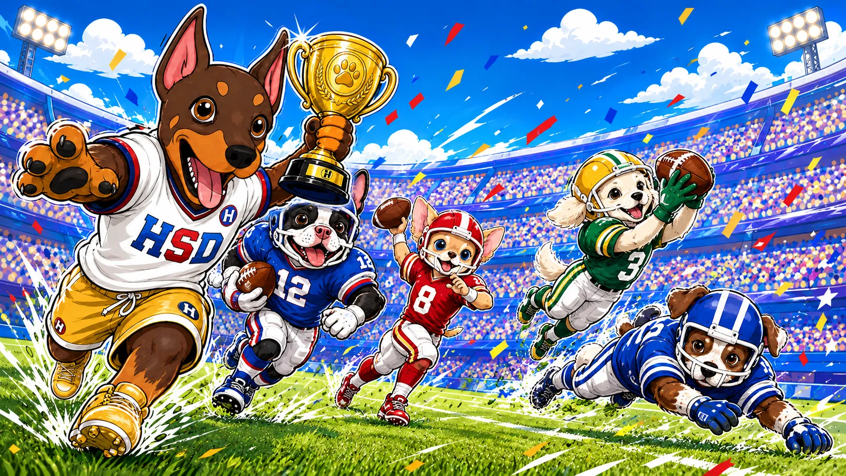 The HSD pack in football gear charging down the field, the Doberman holding the trophy